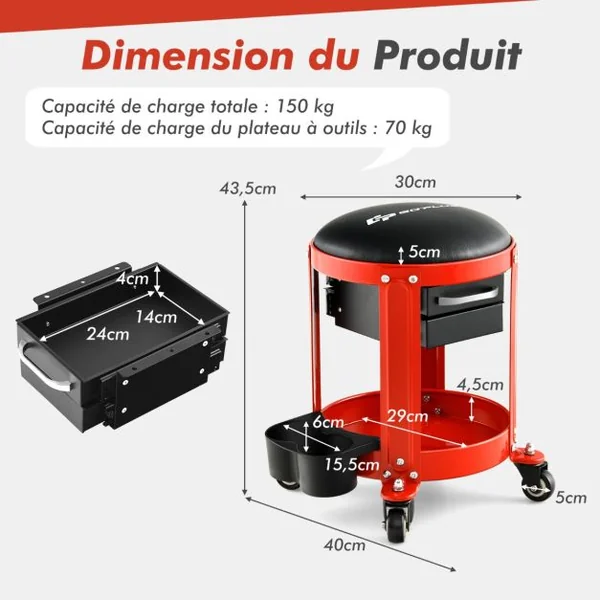 Tabouret d'Atelier Pneumatique avec 4 Roulettes Universelles Plateau à Outils Siège Rembourré 40 x 40 x 43,5 cm 150 kg