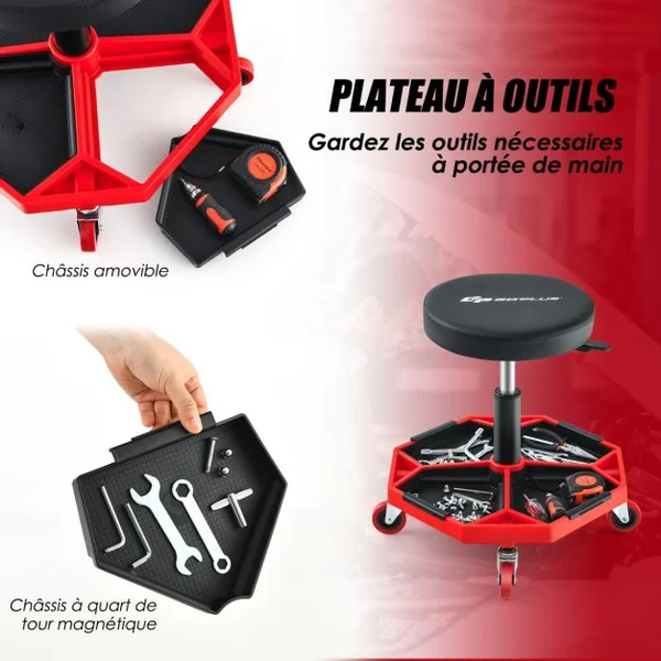 Tabouret d'atelier Pneumatique avec 4 Roulettes Universelles Plateau à Outils Siège Rembourré Capacité Max 150 kg