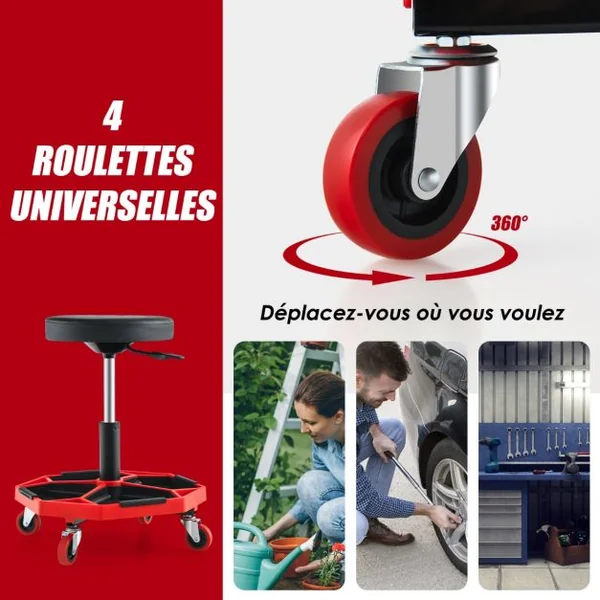 Tabouret d'atelier Pneumatique avec 4 Roulettes Universelles Plateau à Outils Siège Rembourré Capacité Max 150 kg