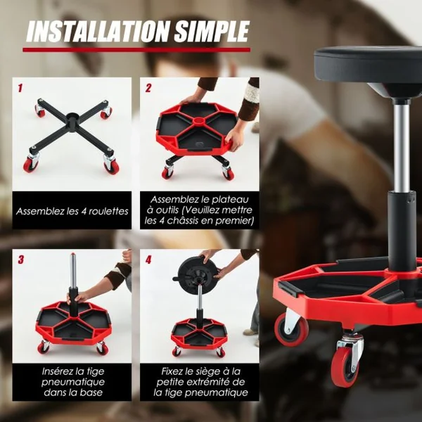 Tabouret d'atelier Pneumatique avec 4 Roulettes Universelles Plateau à Outils Siège Rembourré Capacité Max 150 kg
