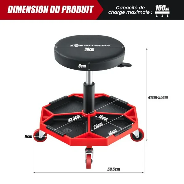Tabouret d'atelier Pneumatique avec 4 Roulettes Universelles Plateau à Outils Siège Rembourré Capacité Max 150 kg