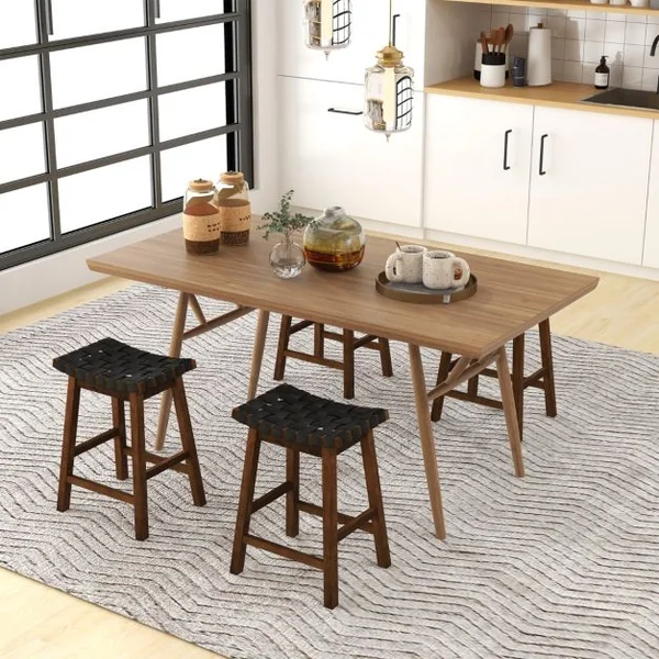 Tabouret de Bar Lot de 2 en Bois Massif Siège Tissés de Sangles en Simili Cuir Hauteur d’Assise 65cm Tabouret Cuisine Industriel Marron