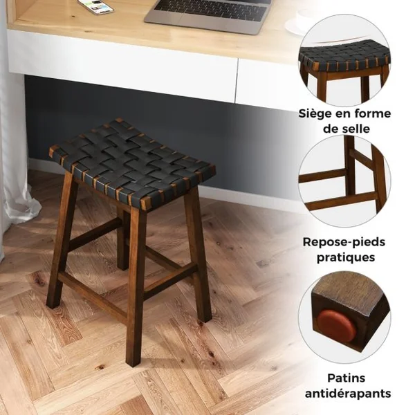 Tabouret de Bar Lot de 2 en Bois Massif Siège Tissés de Sangles en Simili Cuir Hauteur d’Assise 65cm Tabouret Cuisine Industriel Marron