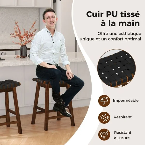 Tabouret de Bar Lot de 2 en Bois Massif Siège Tissés de Sangles en Simili Cuir Hauteur d’Assise 65cm Tabouret Cuisine Industriel Marron