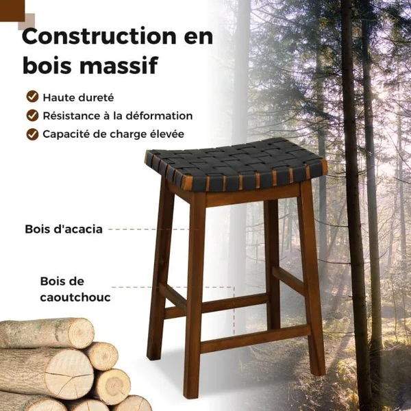 Tabouret de Bar Lot de 2 en Bois Massif Siège Tissés de Sangles en Simili Cuir Hauteur d’Assise 65cm Tabouret Cuisine Industriel Marron