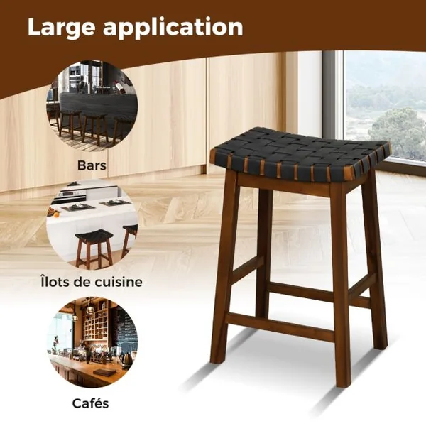 Tabouret de Bar Lot de 2 en Bois Massif Siège Tissés de Sangles en Simili Cuir Hauteur d’Assise 65cm Tabouret Cuisine Industriel Marron