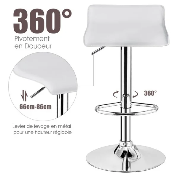 Tabouret de Bar Pivotant Carrées Réglables en Hauteur Tabourets Intérieur/Extérieur en Cuir PU Tabourets avec Repose-pieds Blanc/Noir