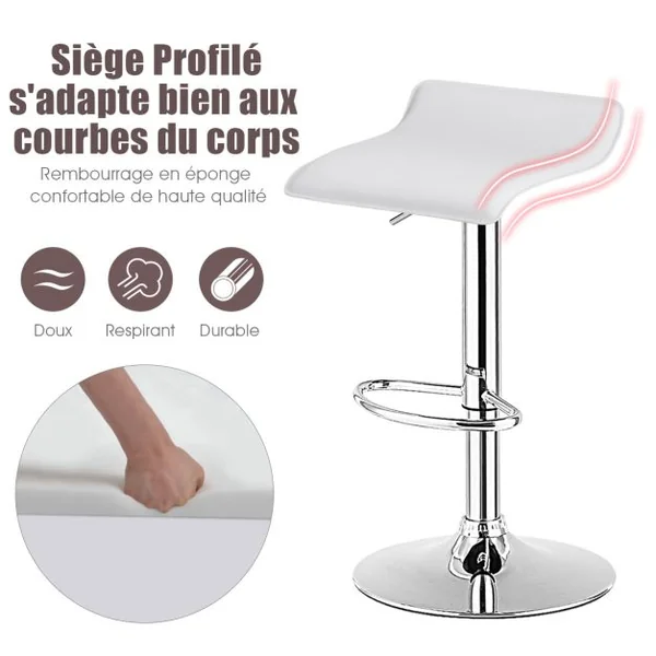 Tabouret de Bar Pivotant Carrées Réglables en Hauteur Tabourets Intérieur/Extérieur en Cuir PU Tabourets avec Repose-pieds Blanc/Noir