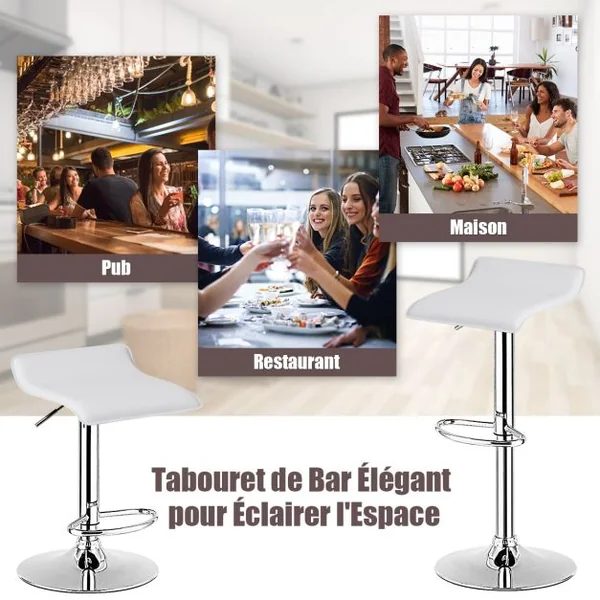 Tabouret de Bar Pivotant Carrées Réglables en Hauteur Tabourets Intérieur/Extérieur en Cuir PU Tabourets avec Repose-pieds Blanc/Noir