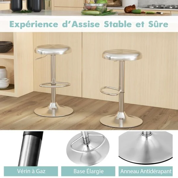 Tabouret de Bar Rond et Pivotant avec Repose-pieds Hauteur Réglable Base Non Marquante Tabouret à Hauteur de Comptoir Argent
