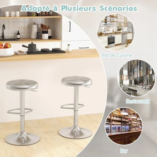 Tabouret de Bar Rond et Pivotant avec Repose-pieds Hauteur Réglable Base Non Marquante Tabouret à Hauteur de Comptoir Argent