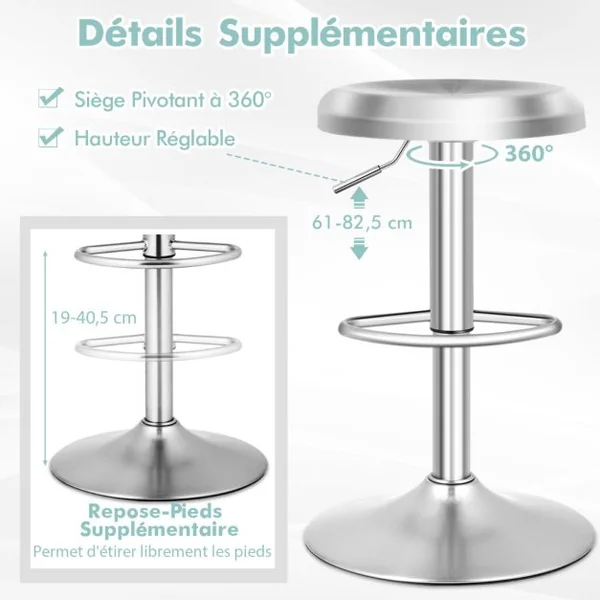 Tabouret de Bar Rond et Pivotant avec Repose-pieds Hauteur Réglable Base Non Marquante Tabouret à Hauteur de Comptoir Argent
