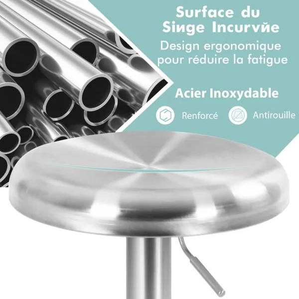 Tabouret de Bar Rond et Pivotant avec Repose-pieds Hauteur Réglable Base Non Marquante Tabouret à Hauteur de Comptoir Argent