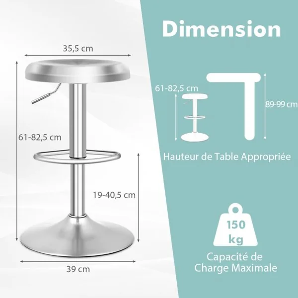 Tabouret de Bar Rond et Pivotant avec Repose-pieds Hauteur Réglable Base Non Marquante Tabouret à Hauteur de Comptoir Argent