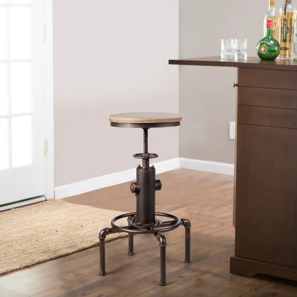 Tabouret de Bar Style Industriel Vintage Hauteur Réglable 60-75cm avec Repose-Pied et Siège Rond à 360° Charge Max 150 KG Café