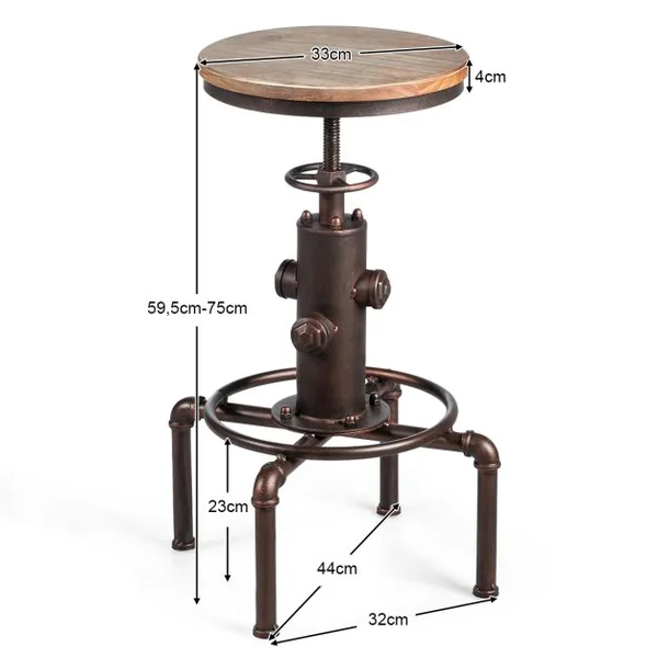 Tabouret de Bar Style Industriel Vintage Hauteur Réglable 60-75cm avec Repose-Pied et Siège Rond à 360° Charge Max 150 KG Café