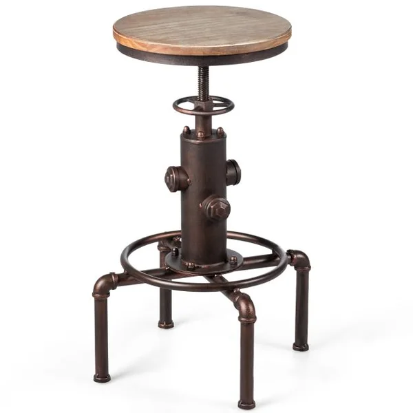 Tabouret de Bar Style Industriel Vintage Hauteur Réglable 60-75cm avec Repose-Pied et Siège Rond à 360° Charge Max 150 KG Café