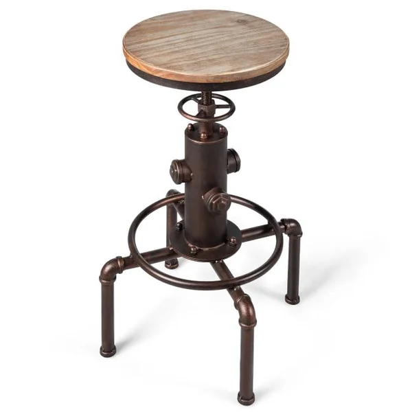 Tabouret de Bar Style Industriel Vintage Hauteur Réglable 60-75cm avec Repose-Pied et Siège Rond à 360° Charge Max 150 KG Café