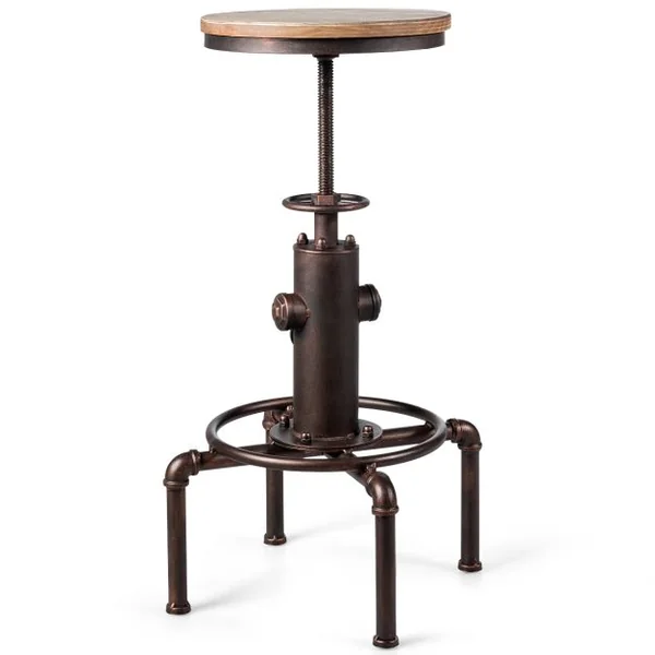 Tabouret de Bar Style Industriel Vintage Hauteur Réglable 60-75cm avec Repose-Pied et Siège Rond à 360° Charge Max 150 KG Café
