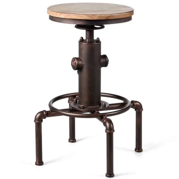 Tabouret de Bar Style Industriel Vintage Hauteur Réglable 60-75cm avec Repose-Pied et Siège Rond à 360° Charge Max 150 KG Café