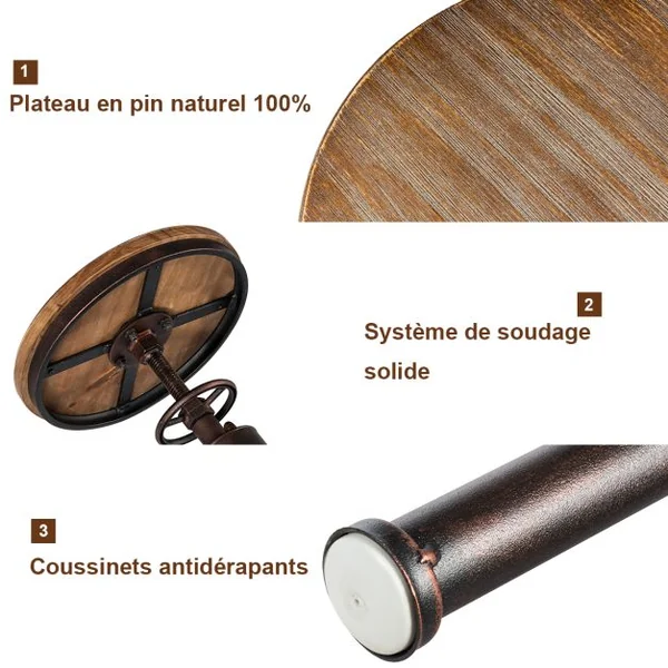 Tabouret de Bar Style Industriel Vintage Hauteur Réglable 60-75cm avec Repose-Pied et Siège Rond à 360° Charge Max 150 KG Café