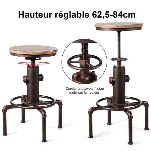 Tabouret de Bar Style Industriel Vintage Hauteur Réglable 60-75cm avec Repose-Pied et Siège Rond à 360° Charge Max 150 KG Café