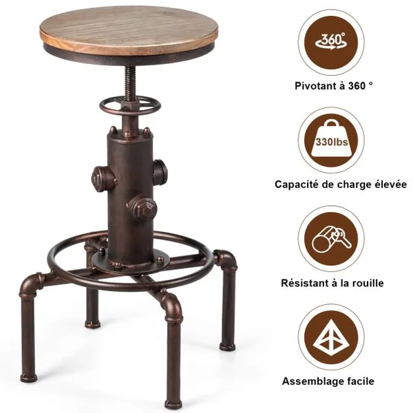 Tabouret de Bar Style Industriel Vintage Hauteur Réglable 60-75cm avec Repose-Pied et Siège Rond à 360° Charge Max 150 KG Café