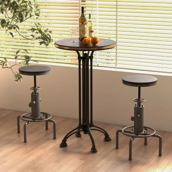 Tabouret de Bar Style Industriel Vintage Hauteur Réglable 60-75cm avec Repose-Pied et Siège Rond à 360° Charge Max 150 KG Noir