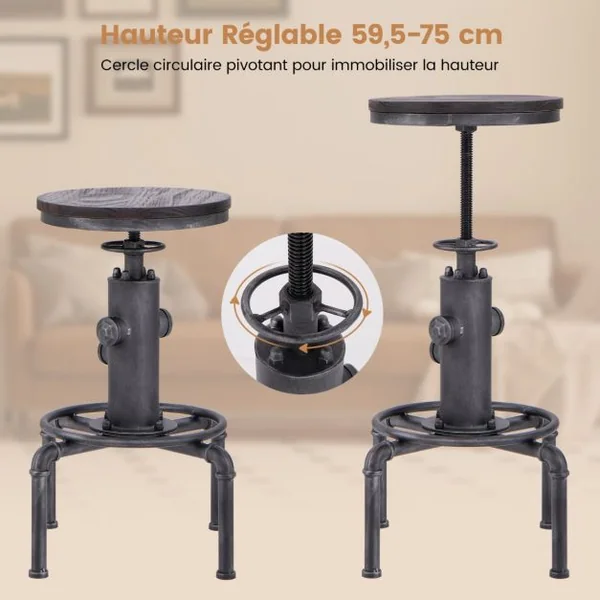 Tabouret de Bar Style Industriel Vintage Hauteur Réglable 60-75cm avec Repose-Pied et Siège Rond à 360° Charge Max 150 KG Noir