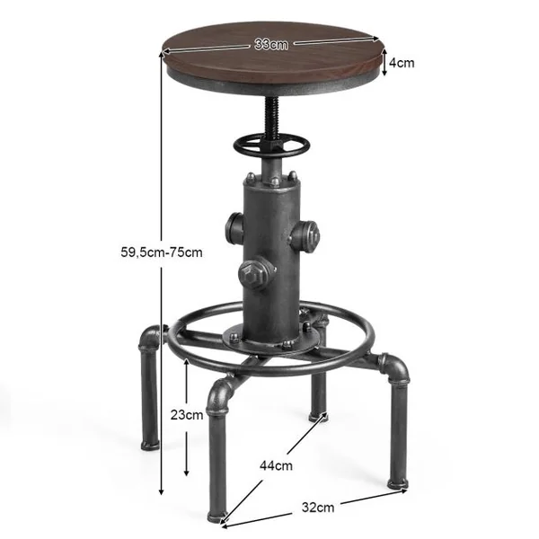Tabouret de Bar Style Industriel Vintage Hauteur Réglable 60-75cm avec Repose-Pied et Siège Rond à 360° Charge Max 150 KG Noir
