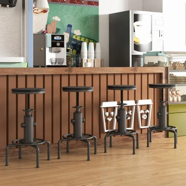 Tabouret de Bar Style Industriel Vintage Hauteur Réglable 60-75cm avec Repose-Pied et Siège Rond à 360° Charge Max 150 KG Noir