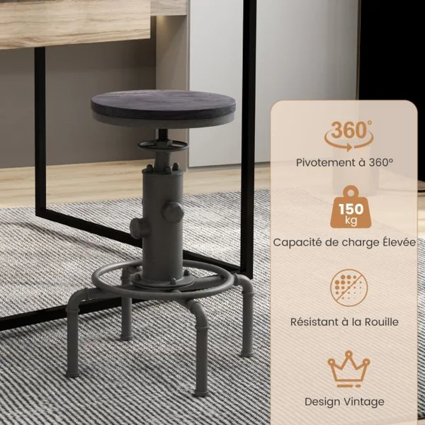 Tabouret de Bar Style Industriel Vintage Hauteur Réglable 60-75cm avec Repose-Pied et Siège Rond à 360° Charge Max 150 KG Noir