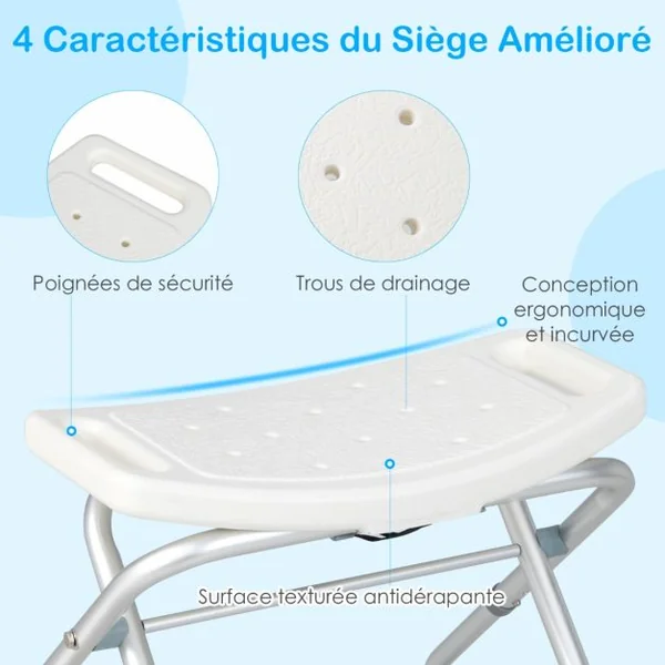Tabouret de Douche Hauteur Réglable 49-52,5 cm Siège de Douche Accoudoirs Amovibles Pieds en Caoutchouc Antidérapants Blanc