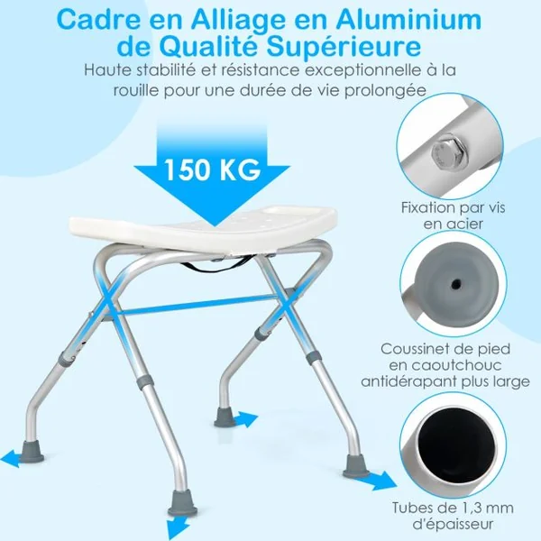 Tabouret de Douche Hauteur Réglable 49-52,5 cm Siège de Douche Accoudoirs Amovibles Pieds en Caoutchouc Antidérapants Blanc