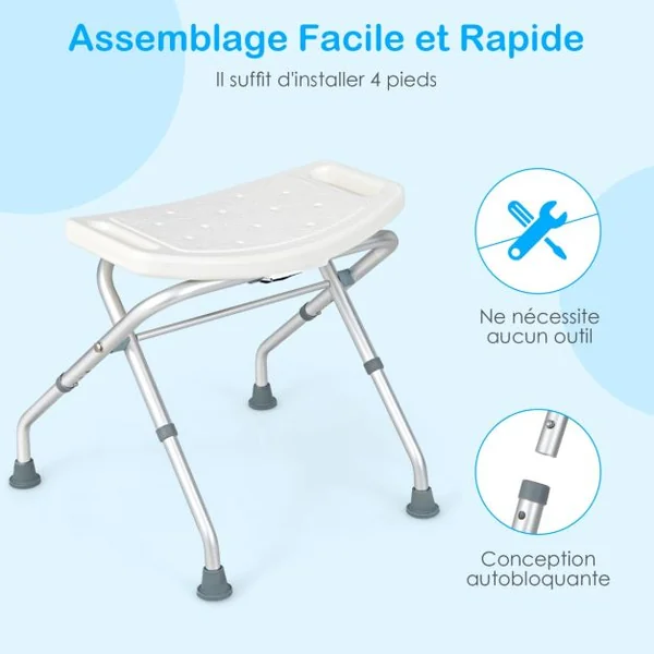 Tabouret de Douche Hauteur Réglable 49-52,5 cm Siège de Douche Accoudoirs Amovibles Pieds en Caoutchouc Antidérapants Blanc