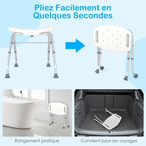Tabouret de Douche Hauteur Réglable 49-52,5 cm Siège de Douche Accoudoirs Amovibles Pieds en Caoutchouc Antidérapants Blanc