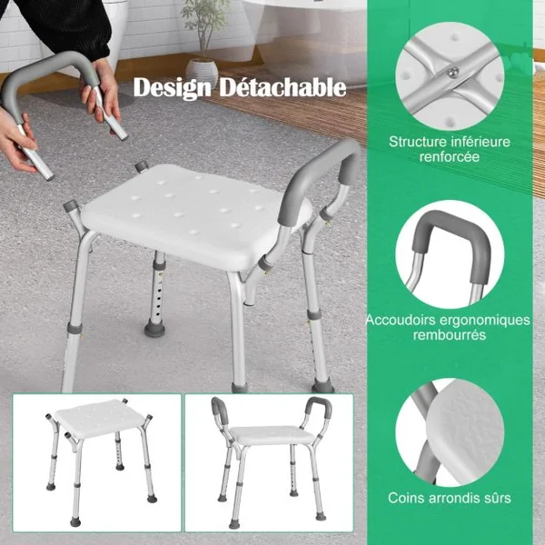 Tabouret de Douche Siège de Douche Hauteur Réglable 36-49 cm Accoudoirs Ergonomique Amovibles Pieds en Caoutchouc Antidérapants