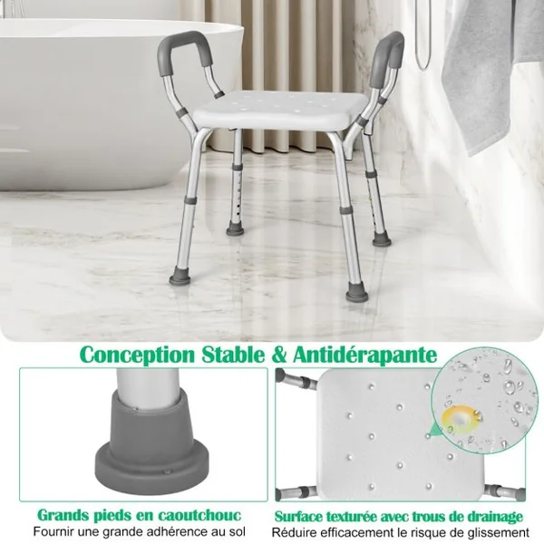 Tabouret de Douche Siège de Douche Hauteur Réglable 36-49 cm Accoudoirs Ergonomique Amovibles Pieds en Caoutchouc Antidérapants