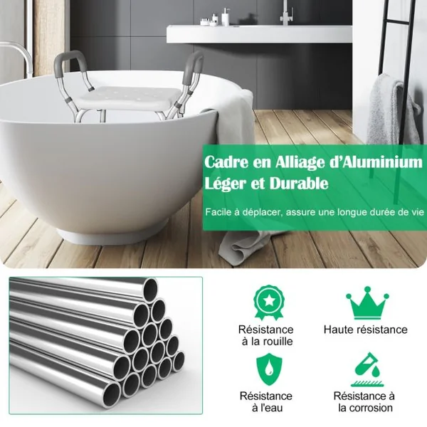 Tabouret de Douche Siège de Douche Hauteur Réglable 36-49 cm Accoudoirs Ergonomique Amovibles Pieds en Caoutchouc Antidérapants