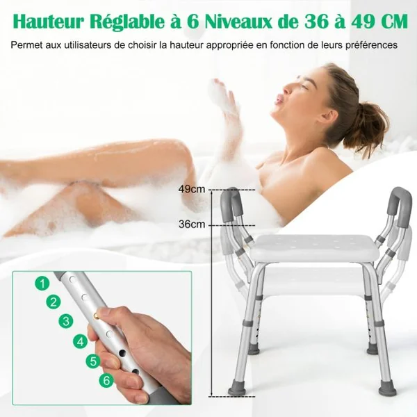 Tabouret de Douche Siège de Douche Hauteur Réglable 36-49 cm Accoudoirs Ergonomique Amovibles Pieds en Caoutchouc Antidérapants