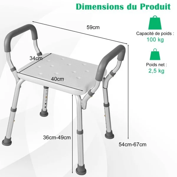 Tabouret de Douche Siège de Douche Hauteur Réglable 36-49 cm Accoudoirs Ergonomique Amovibles Pieds en Caoutchouc Antidérapants