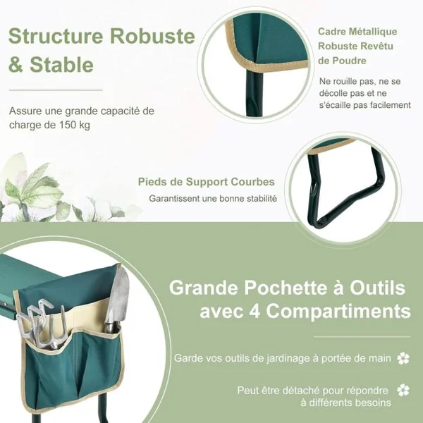 Tabouret de Jardinage Pliable Agenouilloir de Jardin avec Sacs à Outils Coussinet Epais en Eve Charge 150kg 58x27,5x49cm Vert