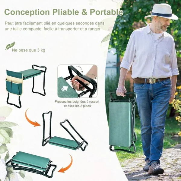 Tabouret de Jardinage Pliable Agenouilloir de Jardin avec Sacs à Outils Coussinet Epais en Eve Charge 150kg 58x27,5x49cm Vert