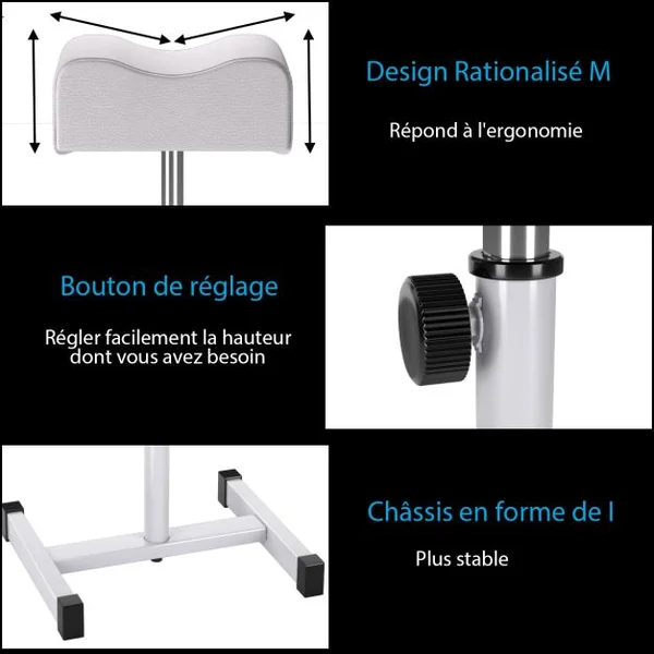Tabouret de Pédicure à Hauteur d'Assise Réglable 45-65 cm Repose-pied Pédicure avec Coussin Épais et Doux Charge 10KG Blanc/Noir