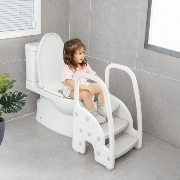 Tabouret Enfants 3 Marches avec Pédale Amovible Marche Pied Enfants en HDPE avec Poignées Sécurité Charge 75kg Rose