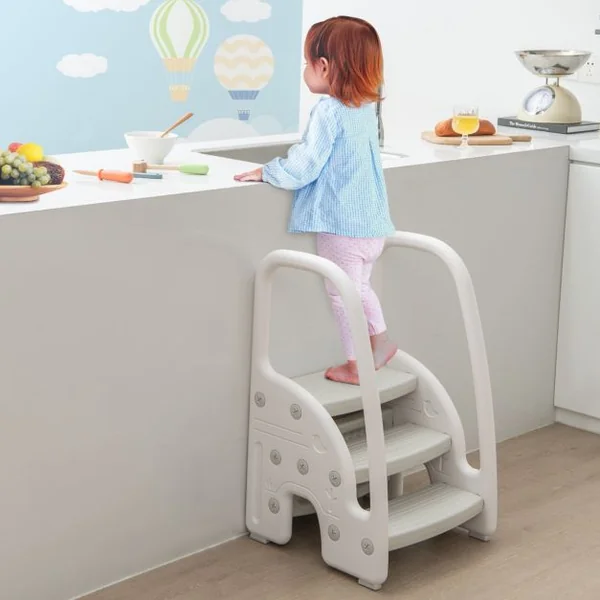 Tabouret Enfants 3 Marches avec Pédale Amovible Marche Pied Enfants en HDPE avec Poignées Sécurité Charge 75kg Rose