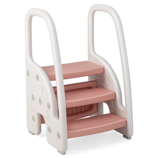 Tabouret Enfants 3 Marches avec Pédale Amovible Marche Pied Enfants en HDPE avec Poignées Sécurité Charge 75kg Rose