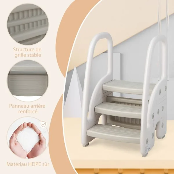 Tabouret Enfants 3 Marches avec Pédale Amovible Marche Pied Enfants en HDPE avec Poignées Sécurité Charge 75kg Rose