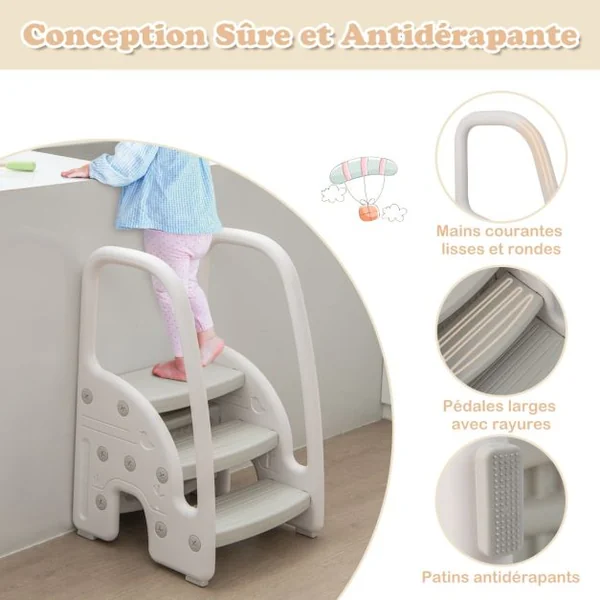 Tabouret Enfants 3 Marches avec Pédale Amovible Marche Pied Enfants en HDPE avec Poignées Sécurité Charge 75kg Rose