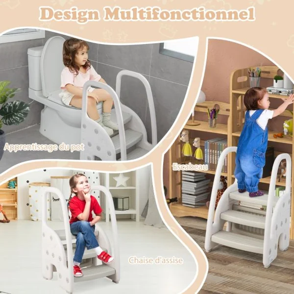 Tabouret Enfants 3 Marches avec Pédale Amovible Marche Pied Enfants en HDPE avec Poignées Sécurité Charge 75kg Rose